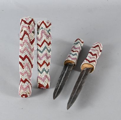 Two Rwanda Tutsi beaded knives - glass bead...