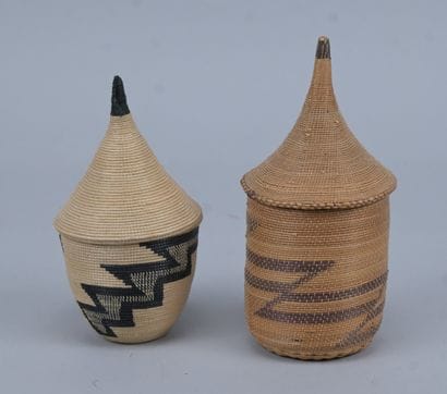 Two covered Tutsi agaseke with geometric...