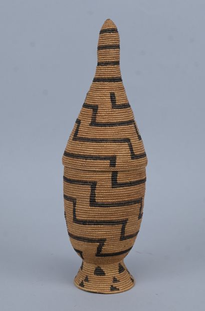 Tutsi agaseke with conical lid and geometric...