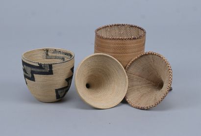 Two covered Tutsi agaseke with geometric...