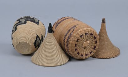 Two covered Tutsi agaseke with geometric...
