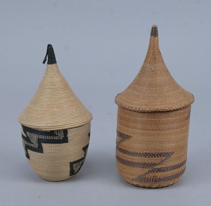 Two covered Tutsi agaseke with geometric...
