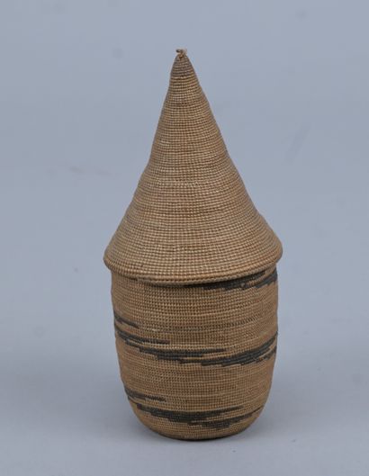 Covered Tutsi agaseke with linear decoration...