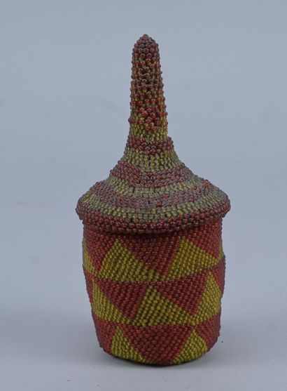 Tutsi covered basket in beaded raffia with...