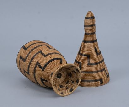 Tutsi agaseke with conical lid and geometric...