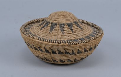 Tutsi covered basket in raffia basketry -...