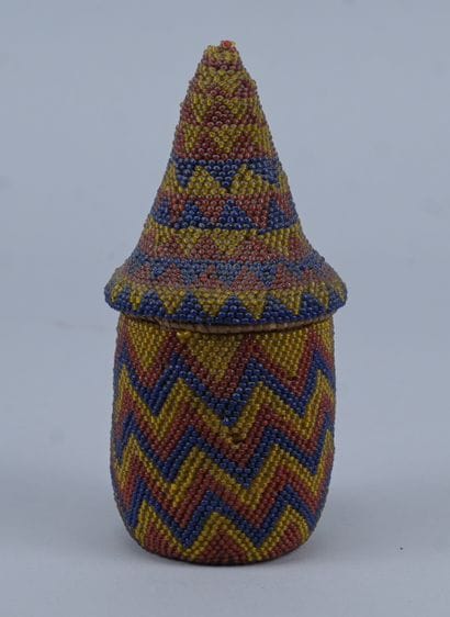 Tutsi covered basket in beaded raffia with...