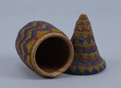 Tutsi covered basket in beaded raffia with...