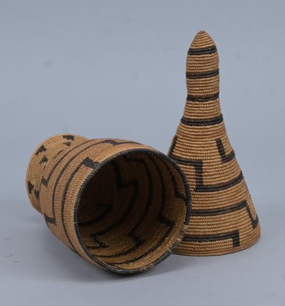 Tutsi agaseke with conical lid and geometric...