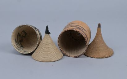 Two covered Tutsi agaseke with geometric...