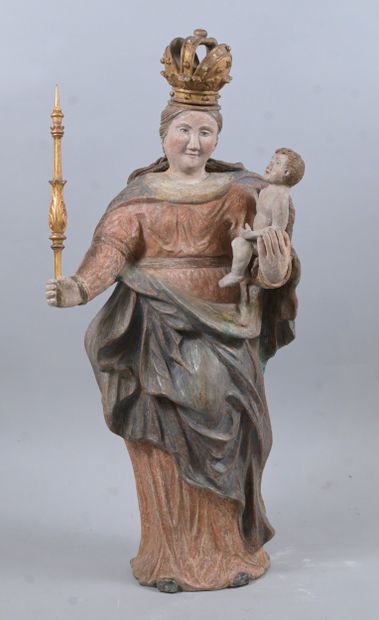 Crowned Virgin and Child in polychrome terracotta,...