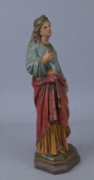 Saint holding a quill, polychrome plaster...