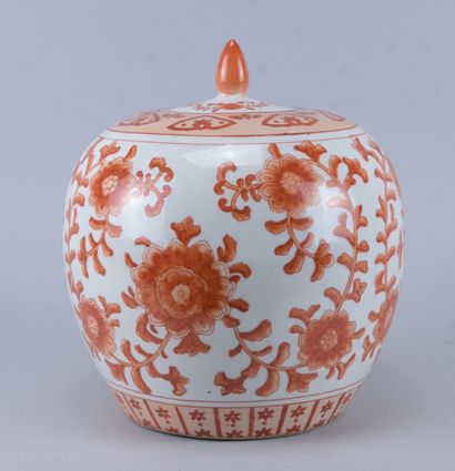 Chinese lidded vase with red iron-glaze floral...