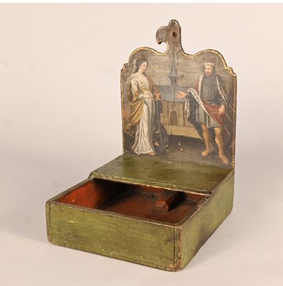 Plat de quête à manche en bois peint – scène...