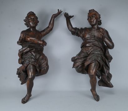 Pair of Baroque carved wooden angels, 17th...