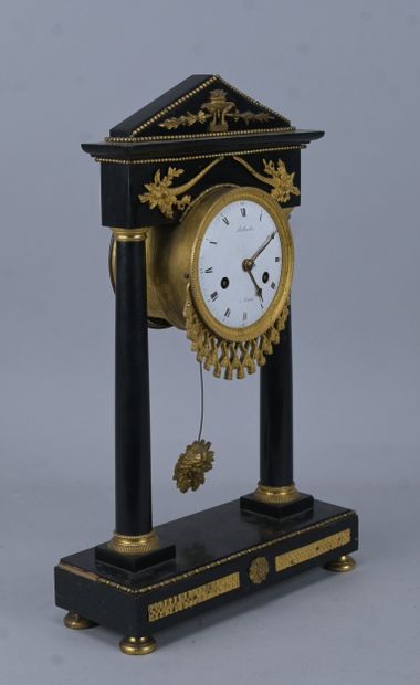 Empire-style portico clock in black marble...