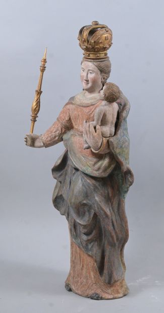 Crowned Virgin and Child in polychrome terracotta,...
