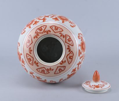 Chinese lidded vase with red iron-glaze floral...