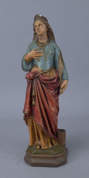 Saint holding a quill, polychrome plaster...