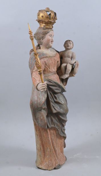 Crowned Virgin and Child in polychrome terracotta,...