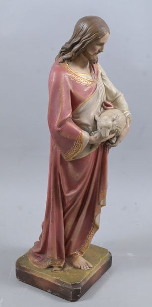 Jesus the Good Shepherd, polychrome plaster...