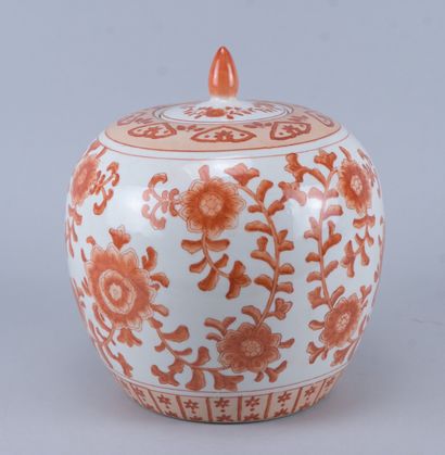 Chinese lidded vase with red iron-glaze floral...