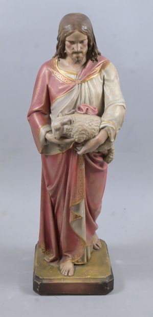 Jesus the Good Shepherd, polychrome plaster...