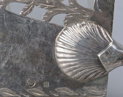 Silver serving scoop with fish motif, ebony...