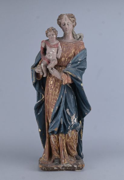 Vierge à l'Enfant en bois sculpté et polychromé,...