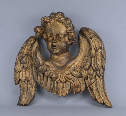 Tête d'ange ailé baroque en bois sculpté...