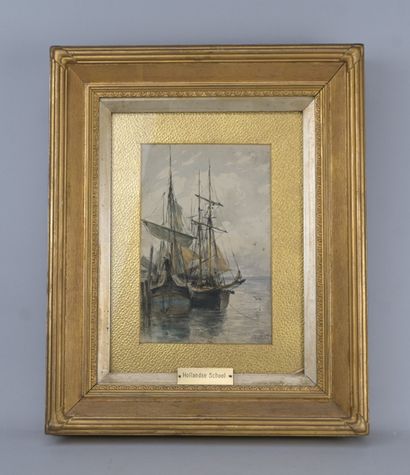 Marine avec voiliers au port, signée et datée...