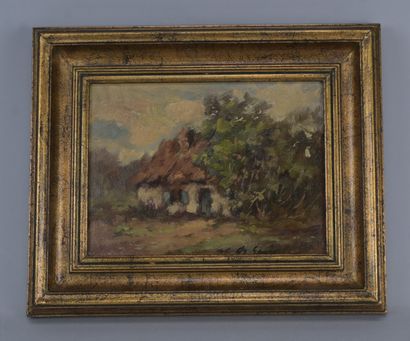 Paysage de campagne avec chaumière, signé
Huile...