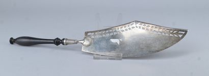 Silver serving scoop with fish motif, ebony...