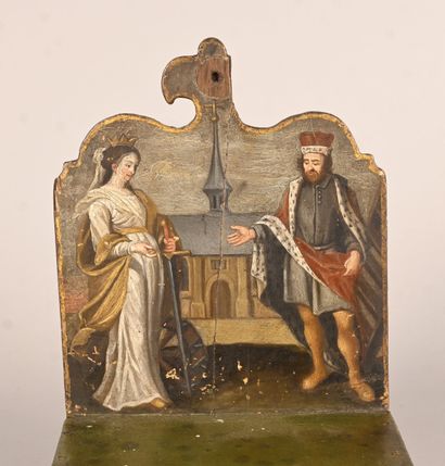 Quest dish with painted wooden handle - scene...