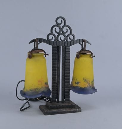 Art Deco wrought-iron table lamp with signed...