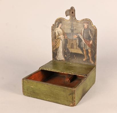 Quest dish with painted wooden handle - scene...