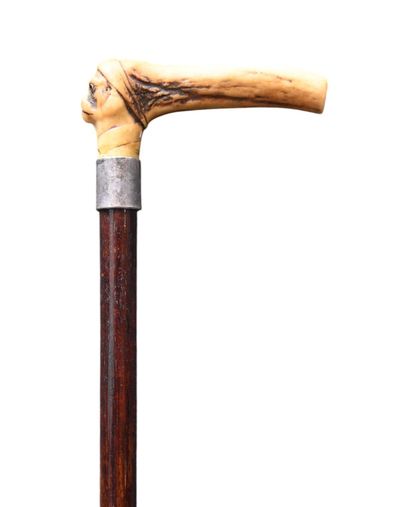 Carved deer antler cane with handle, late...