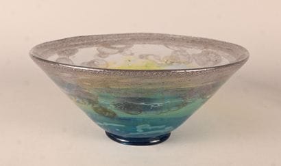 Artistic iridescent glass bowl with organic...