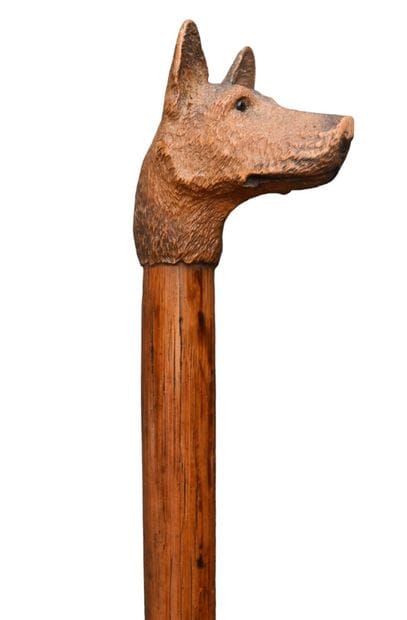Carved wooden cane with dog head handle,...