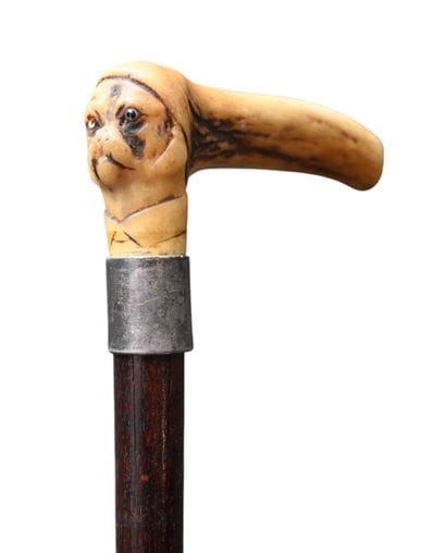 Carved deer antler cane with handle, late...