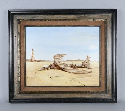 “The Last Bird,” a surrealist desert scene,...