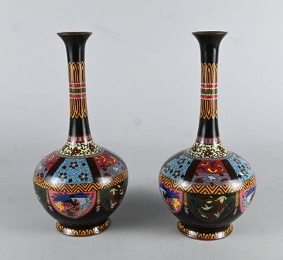 Pair of Japanese cloisonné vases with birds...