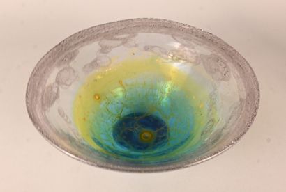 Artistic iridescent glass bowl with organic...