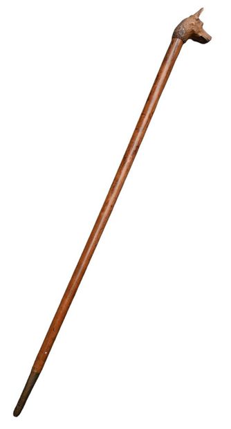 Carved wooden cane with dog head handle,...