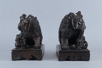 Pair of Buddhist guardian lions carved from...
