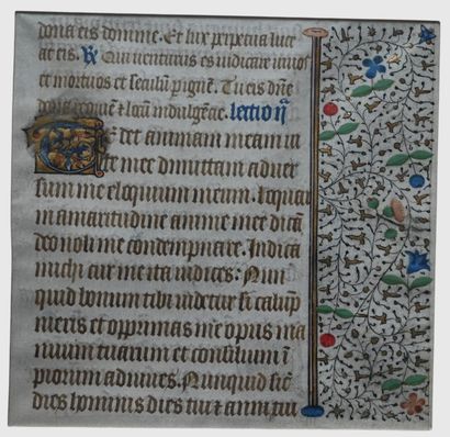 Feuillet enluminé gothique sur parchemin,...