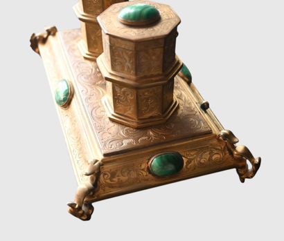 Encrier en bronze doré et malachite, XIXe...