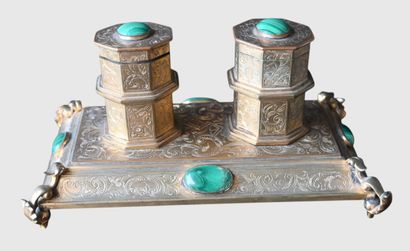 Encrier en bronze doré et malachite, XIXe...