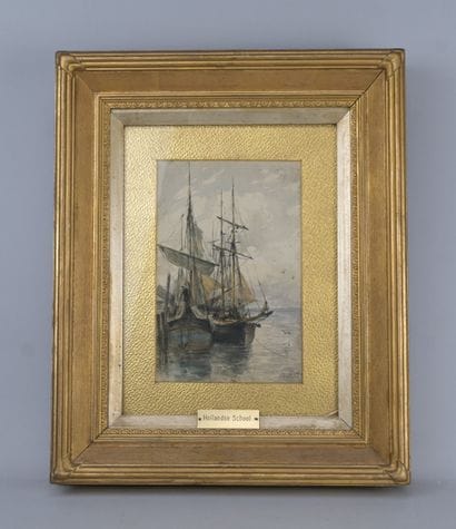 Marine avec voiliers au port, signée et datée...