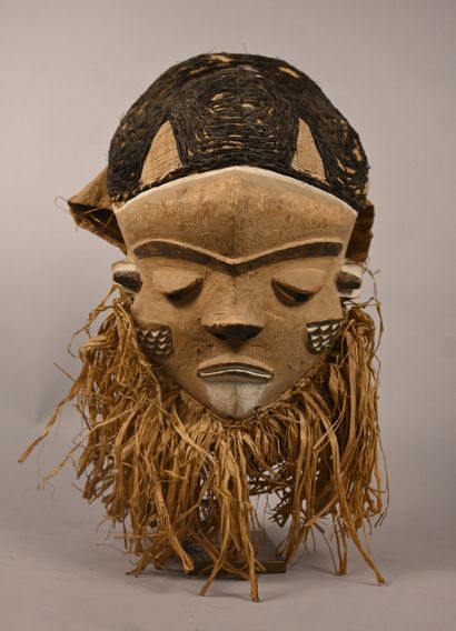 Pende mask with textile headdress and plant...